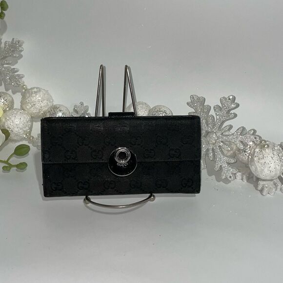 AUTHENTIC GUCCI GG LOGO CANVAS LEATHER TRIM LONG WALLET - Picture 3 of 15